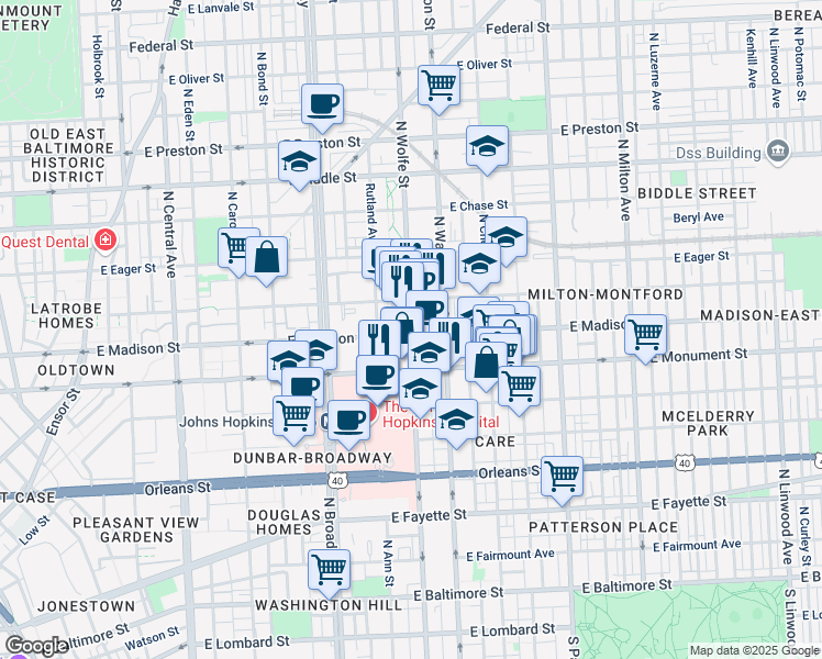 map of restaurants, bars, coffee shops, grocery stores, and more near 855 North Wolfe Street in Baltimore