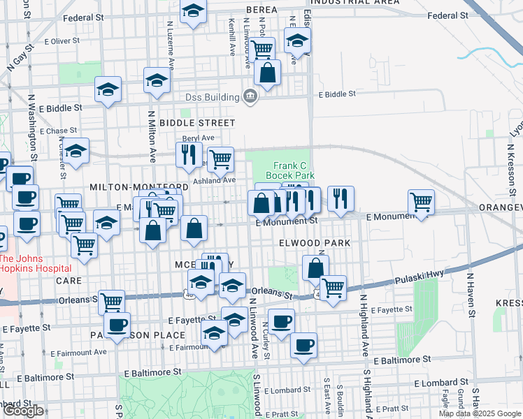 map of restaurants, bars, coffee shops, grocery stores, and more near 719 North Curley Street in Baltimore