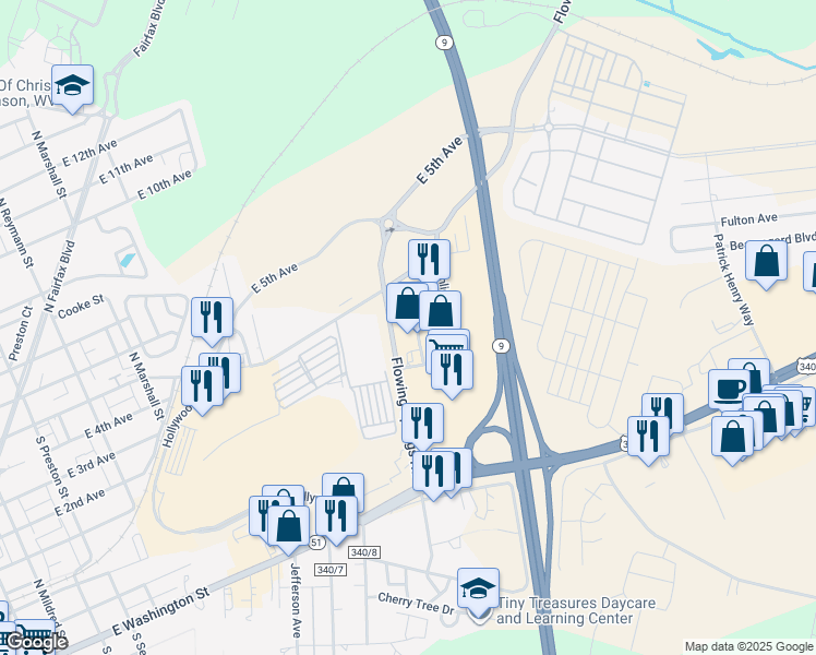 map of restaurants, bars, coffee shops, grocery stores, and more near 332 Flowing Springs Road in Charles Town