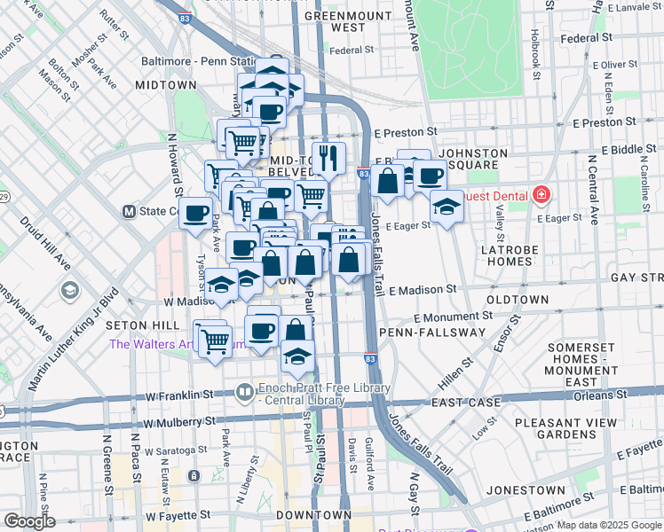 map of restaurants, bars, coffee shops, grocery stores, and more near 900 North Calvert Street in Baltimore
