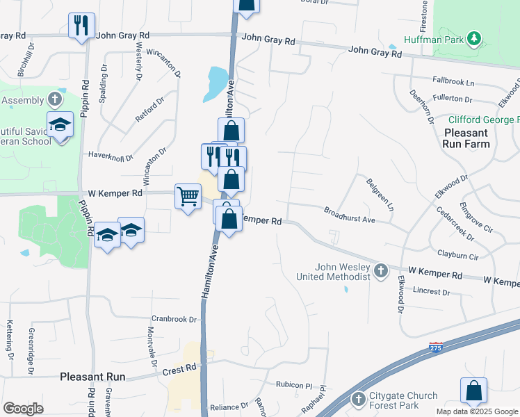 map of restaurants, bars, coffee shops, grocery stores, and more near 2216 West Kemper Road in Cincinnati