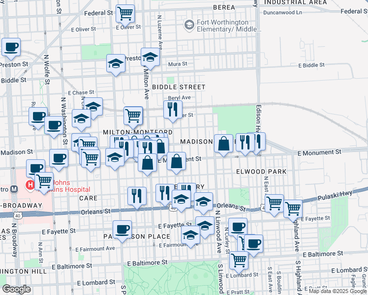 map of restaurants, bars, coffee shops, grocery stores, and more near 739 North Lakewood Avenue in Baltimore