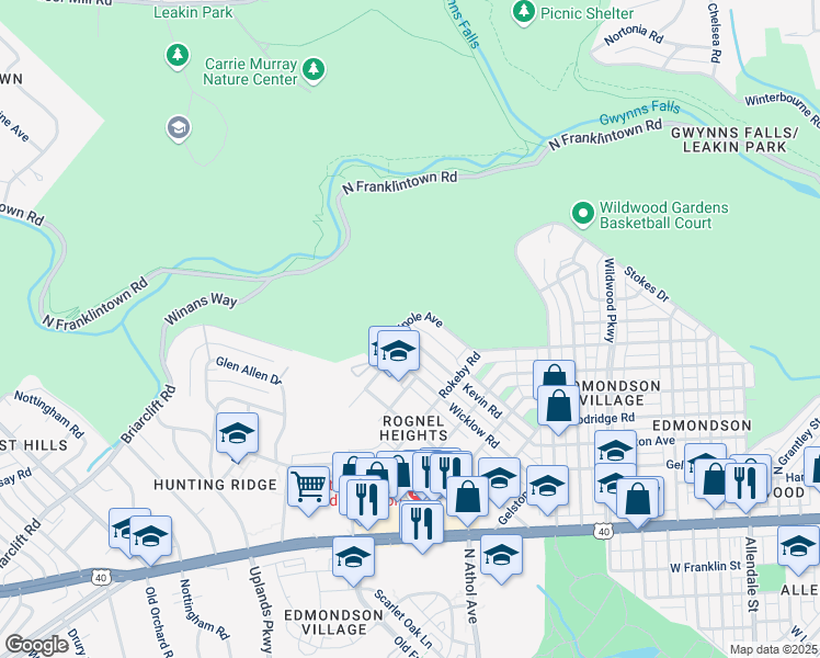 map of restaurants, bars, coffee shops, grocery stores, and more near 1241 Kevin Road in Baltimore