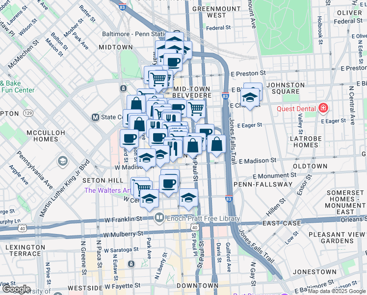 map of restaurants, bars, coffee shops, grocery stores, and more near 6 East Read Street in Baltimore