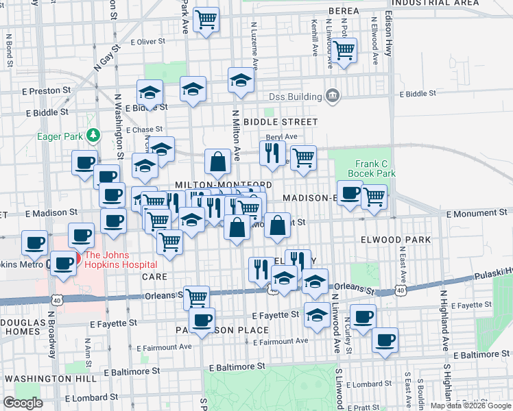 map of restaurants, bars, coffee shops, grocery stores, and more near 101 Independence Avenue Southeast in Washington