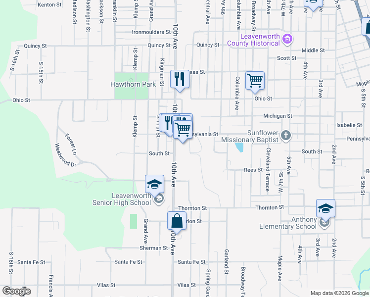 map of restaurants, bars, coffee shops, grocery stores, and more near 1713 Lawrence Avenue in Leavenworth