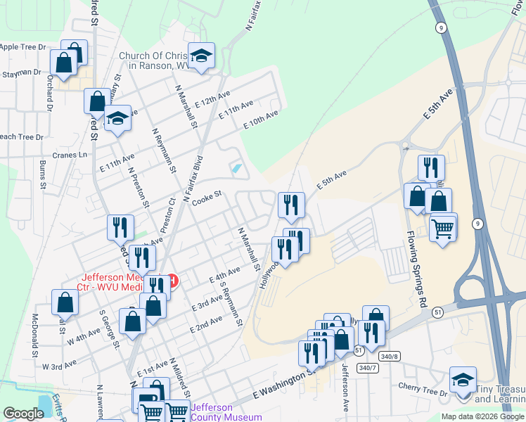 map of restaurants, bars, coffee shops, grocery stores, and more near 507 East 6th Avenue in Ranson