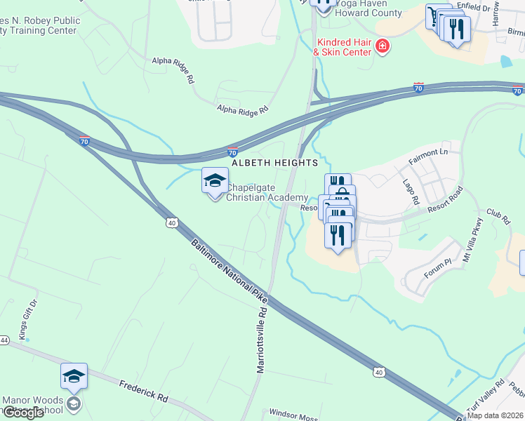 map of restaurants, bars, coffee shops, grocery stores, and more near 11411 Starlight Place in Marriottsville