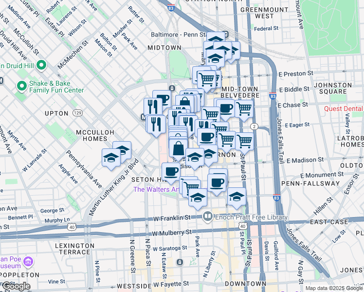 map of restaurants, bars, coffee shops, grocery stores, and more near 858 Tyson Street in Baltimore