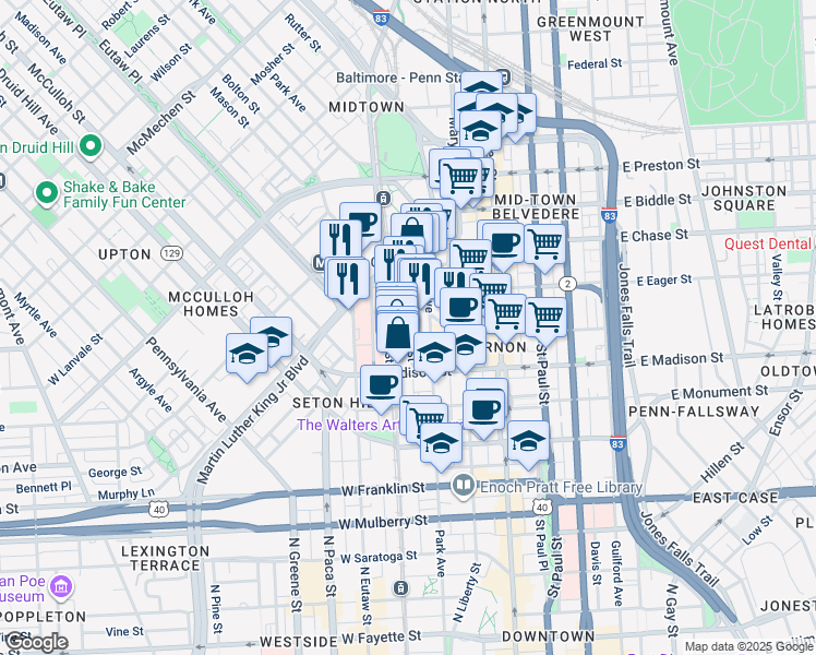 map of restaurants, bars, coffee shops, grocery stores, and more near 858 Tyson Street in Baltimore