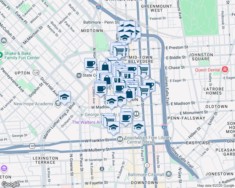 map of restaurants, bars, coffee shops, grocery stores, and more near 101 Independence Avenue Southeast in Washington