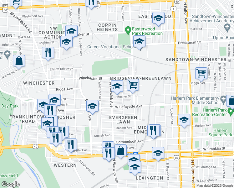 map of restaurants, bars, coffee shops, grocery stores, and more near 2400 Mosher Street in Baltimore