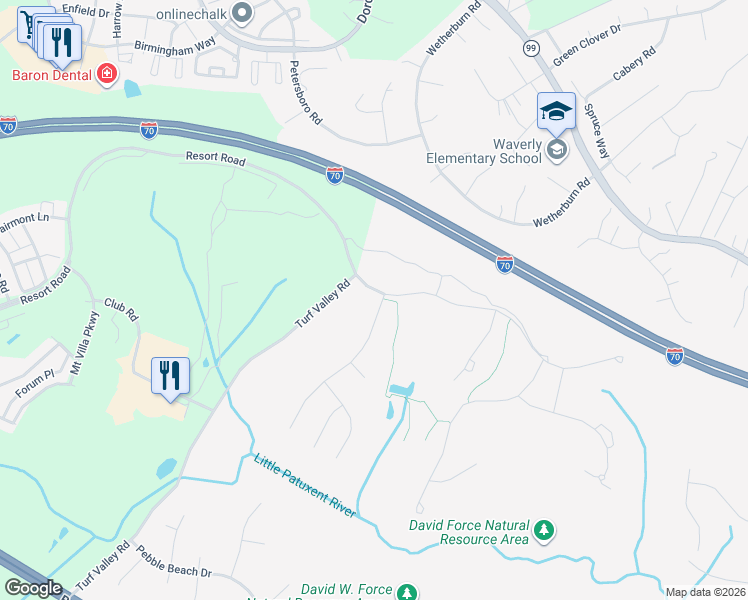 map of restaurants, bars, coffee shops, grocery stores, and more near 2600 Golf Island Road in Ellicott City