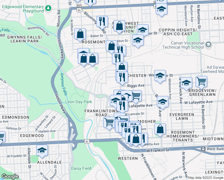 map of restaurants, bars, coffee shops, grocery stores, and more near 2917 Riggs Ave in Baltimore