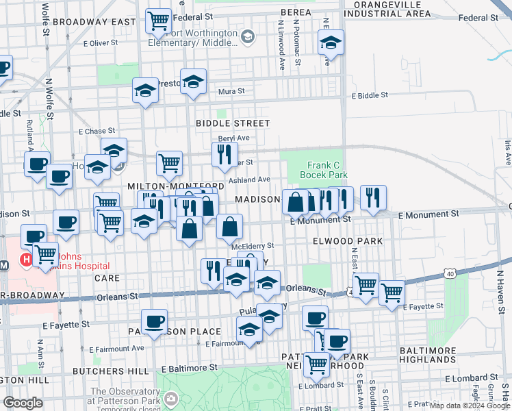 map of restaurants, bars, coffee shops, grocery stores, and more near 740 North Kenwood Avenue in Baltimore