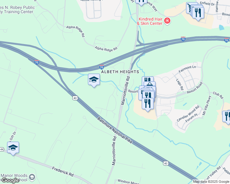 map of restaurants, bars, coffee shops, grocery stores, and more near 11409 Starlight Place in Marriottsville