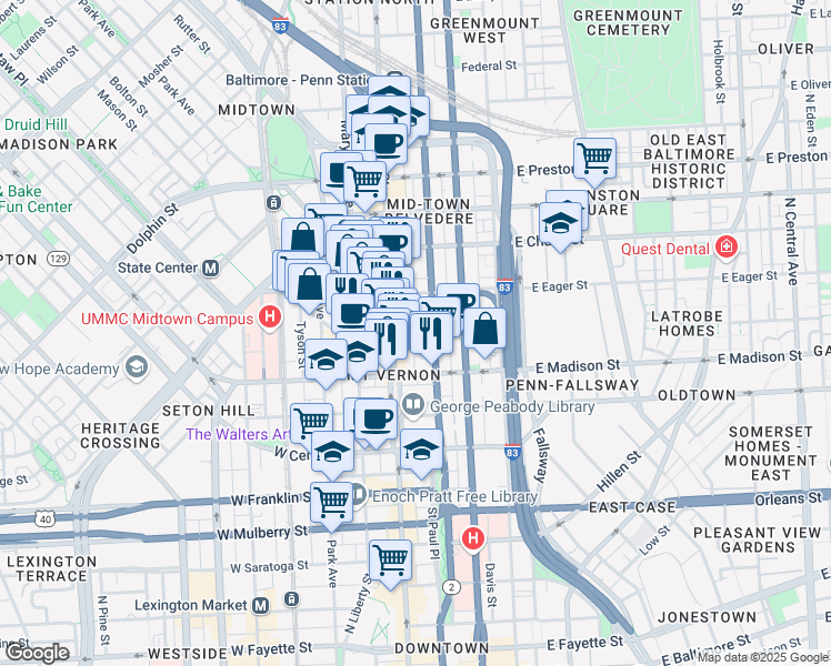 map of restaurants, bars, coffee shops, grocery stores, and more near 10 East Read Street in Baltimore