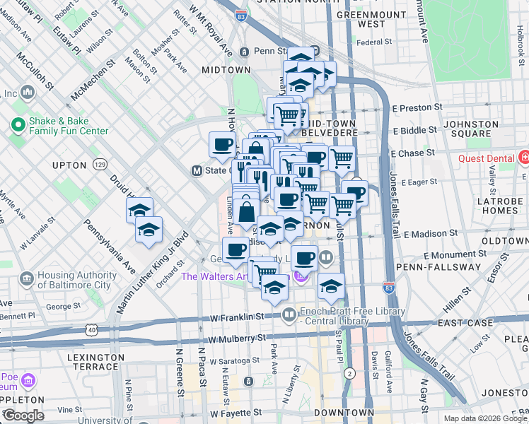 map of restaurants, bars, coffee shops, grocery stores, and more near 834 Park Avenue in Baltimore