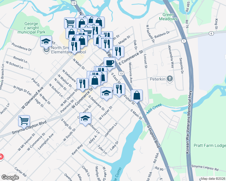 map of restaurants, bars, coffee shops, grocery stores, and more near 100 South Main Street in Smyrna