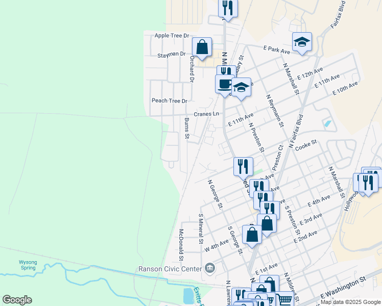 map of restaurants, bars, coffee shops, grocery stores, and more near 406 Burns Street in Ranson