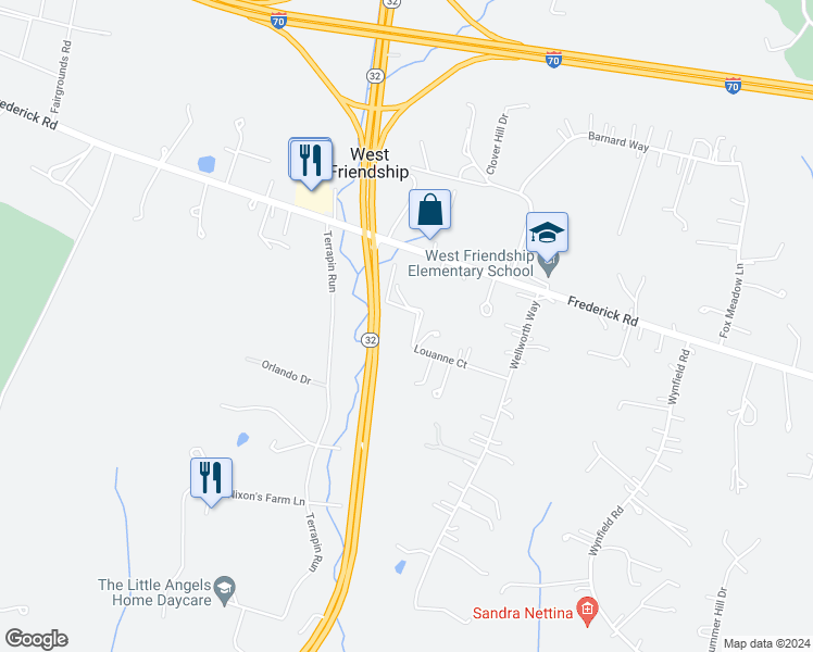 map of restaurants, bars, coffee shops, grocery stores, and more near 2623 Louanne Court in West Friendship