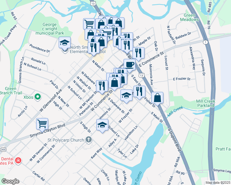 map of restaurants, bars, coffee shops, grocery stores, and more near 50a West Commerce Street in Smyrna