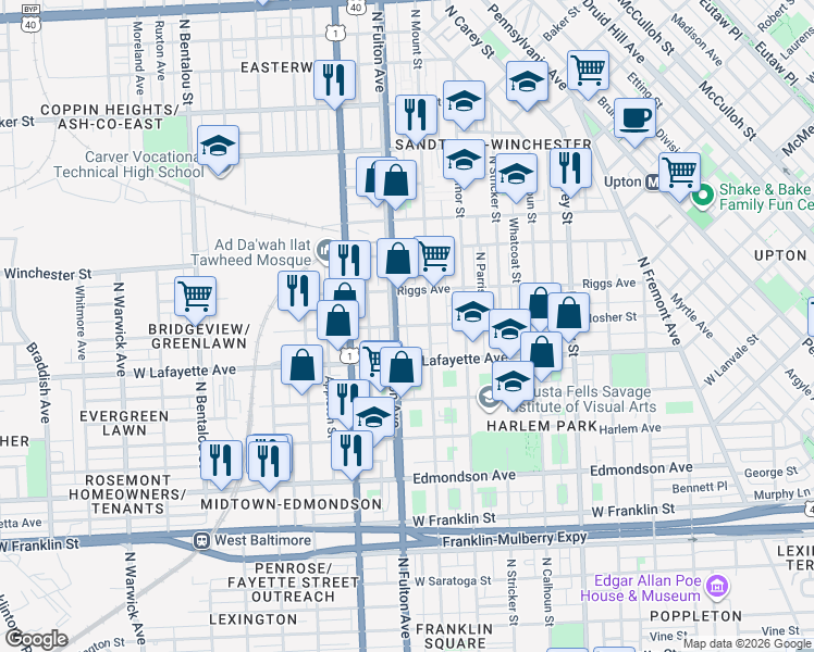 map of restaurants, bars, coffee shops, grocery stores, and more near Mosher Street in Baltimore