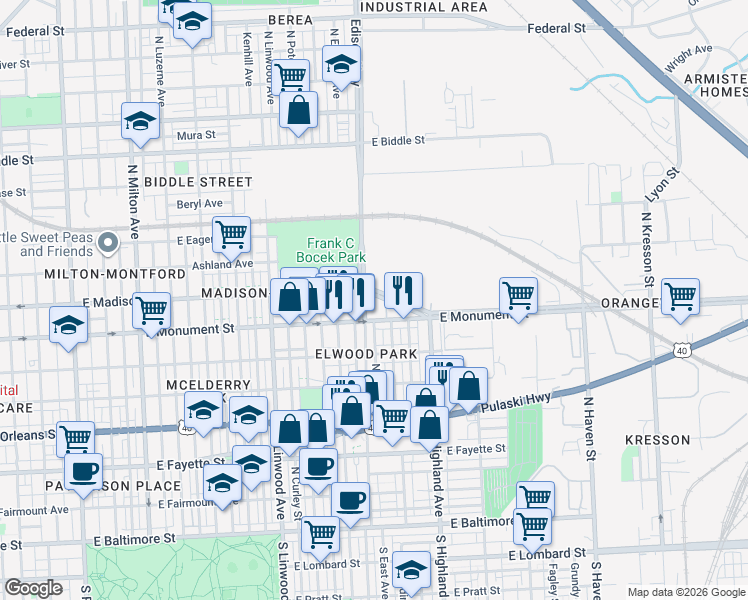 map of restaurants, bars, coffee shops, grocery stores, and more near 3205 East Madison Street in Baltimore