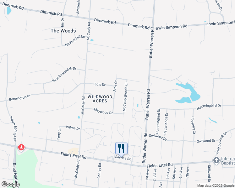 map of restaurants, bars, coffee shops, grocery stores, and more near 9912 Jane Court in Butler County