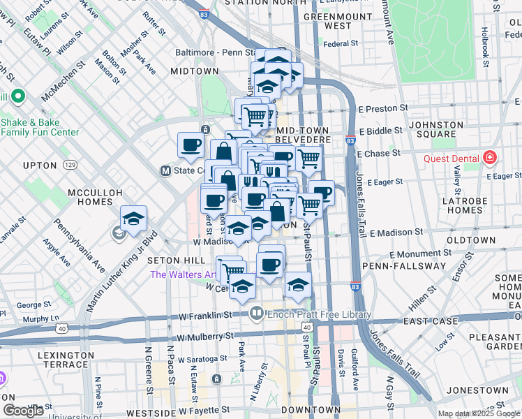 map of restaurants, bars, coffee shops, grocery stores, and more near 16 West Read Street in Baltimore