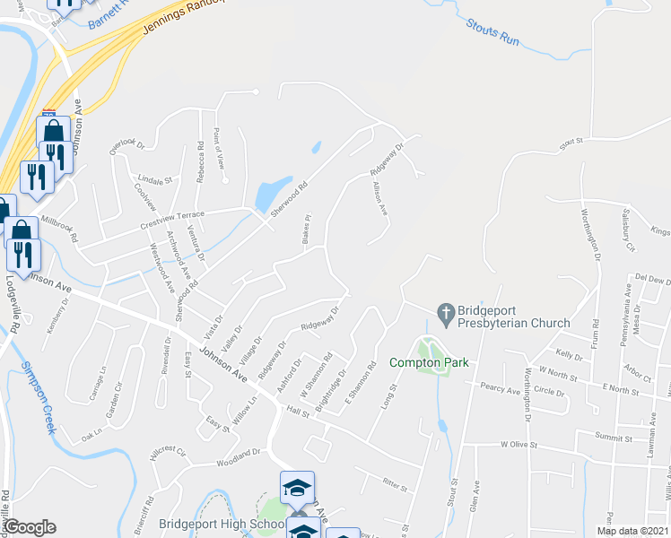 map of restaurants, bars, coffee shops, grocery stores, and more near 178 Ridgeway Drive in Bridgeport