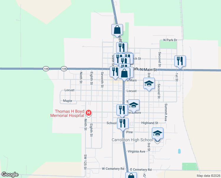 map of restaurants, bars, coffee shops, grocery stores, and more near 433 South 6th Street in Carrollton