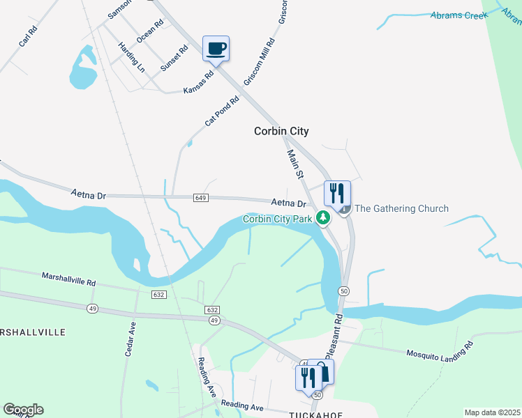 map of restaurants, bars, coffee shops, grocery stores, and more near 113 Aetna Drive in Corbin City