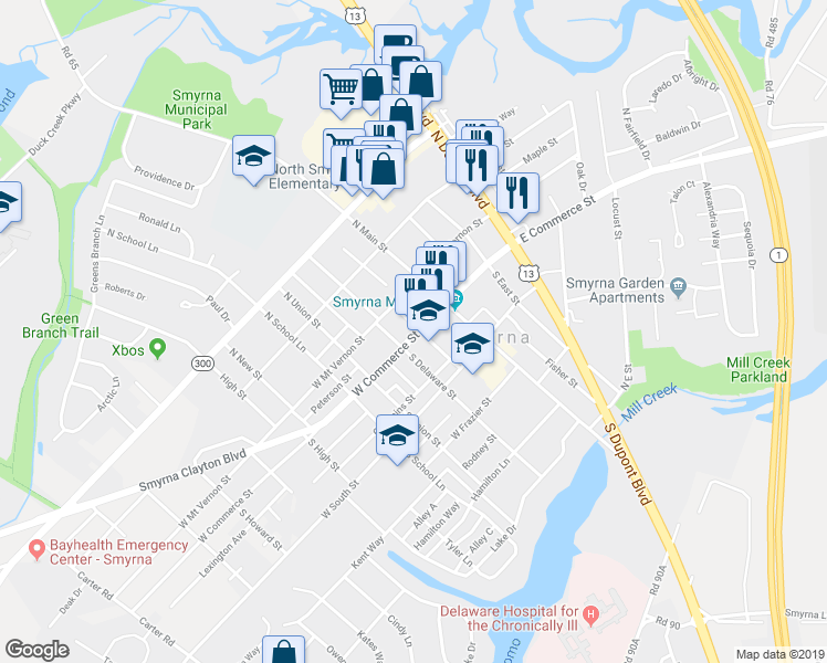 map of restaurants, bars, coffee shops, grocery stores, and more near 50a West Commerce Street in Smyrna