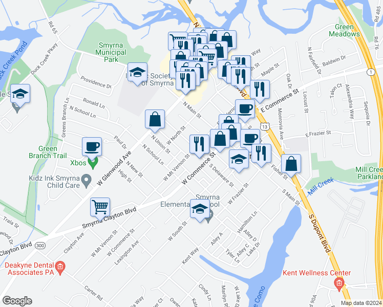 map of restaurants, bars, coffee shops, grocery stores, and more near 107 West Mount Vernon Street in Smyrna