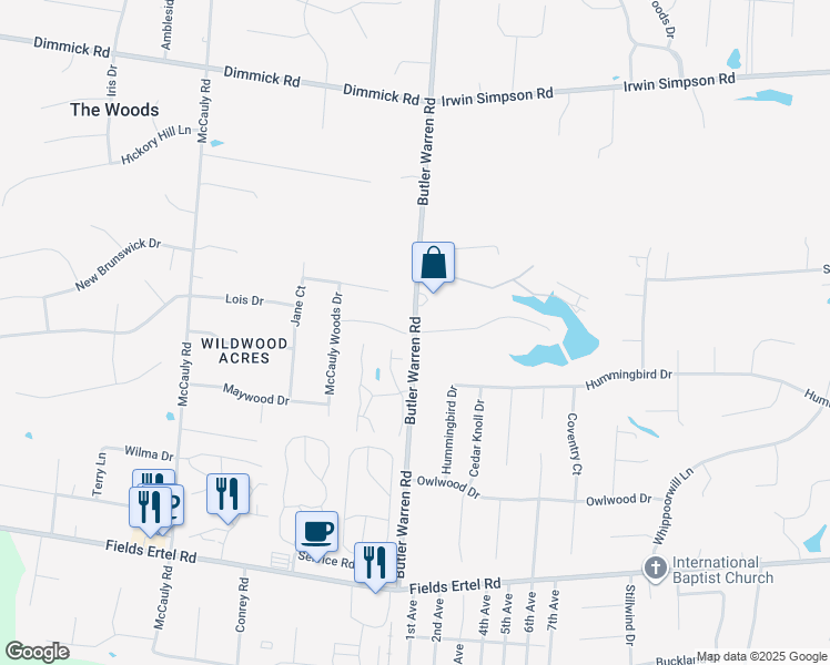 map of restaurants, bars, coffee shops, grocery stores, and more near Butler Warren Rd & Lake Chetac Dr in Warren