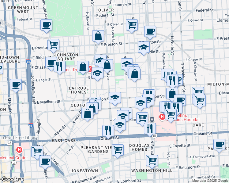 map of restaurants, bars, coffee shops, grocery stores, and more near 842 North Eden Street in Baltimore