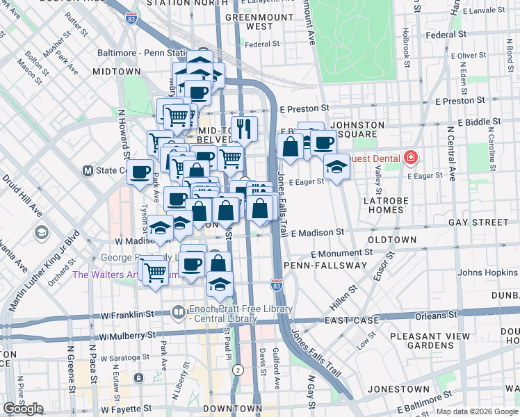 map of restaurants, bars, coffee shops, grocery stores, and more near 101 Independence Avenue Southeast in Washington