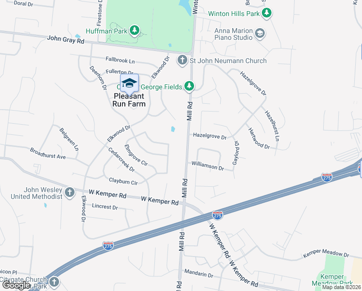 map of restaurants, bars, coffee shops, grocery stores, and more near 11955 Mill Road in Cincinnati