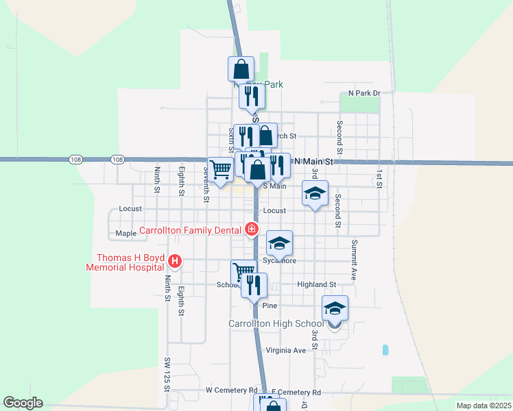 map of restaurants, bars, coffee shops, grocery stores, and more near 431 5th Street in Carrollton