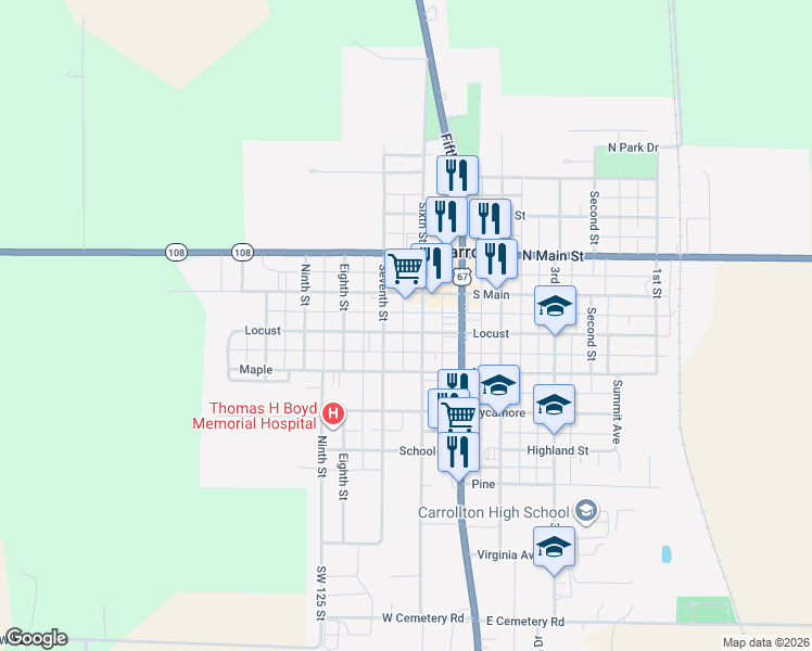 map of restaurants, bars, coffee shops, grocery stores, and more near 433 South 6th Street in Carrollton