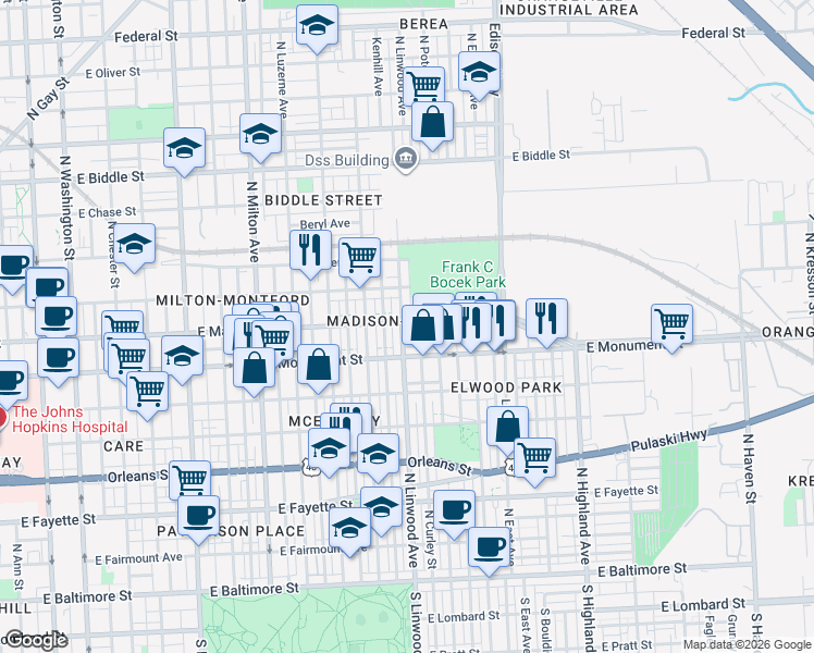 map of restaurants, bars, coffee shops, grocery stores, and more near 731 North Linwood Avenue in Baltimore