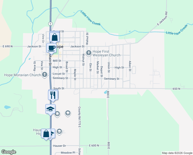 map of restaurants, bars, coffee shops, grocery stores, and more near 204 Market Street in Hope