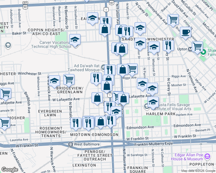 map of restaurants, bars, coffee shops, grocery stores, and more near 1904 Mosher Street in Baltimore