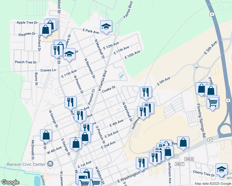 map of restaurants, bars, coffee shops, grocery stores, and more near 417 East 7th Avenue in Ranson