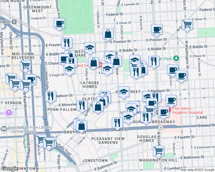 map of restaurants, bars, coffee shops, grocery stores, and more near 831 Aisquith Street in Baltimore