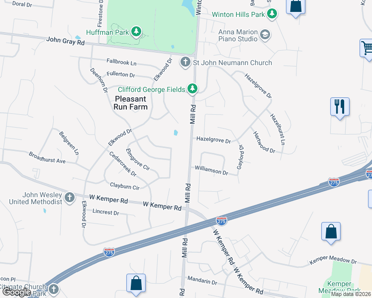 map of restaurants, bars, coffee shops, grocery stores, and more near 11955 Mill Road in Cincinnati