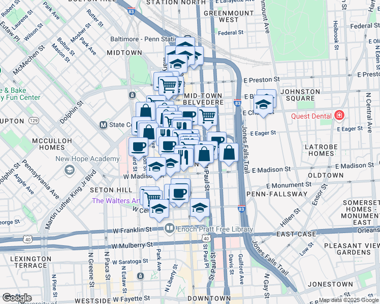 map of restaurants, bars, coffee shops, grocery stores, and more near 909 North Charles Street in Baltimore