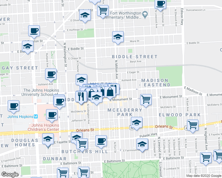 map of restaurants, bars, coffee shops, grocery stores, and more near 2402 East Madison Street in Baltimore