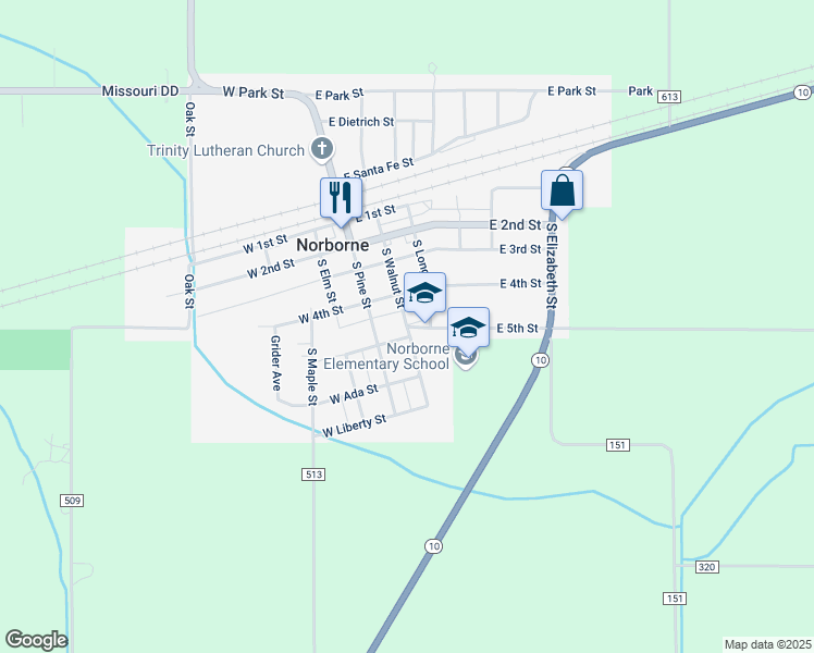 map of restaurants, bars, coffee shops, grocery stores, and more near 476 S Walnut St in Norborne